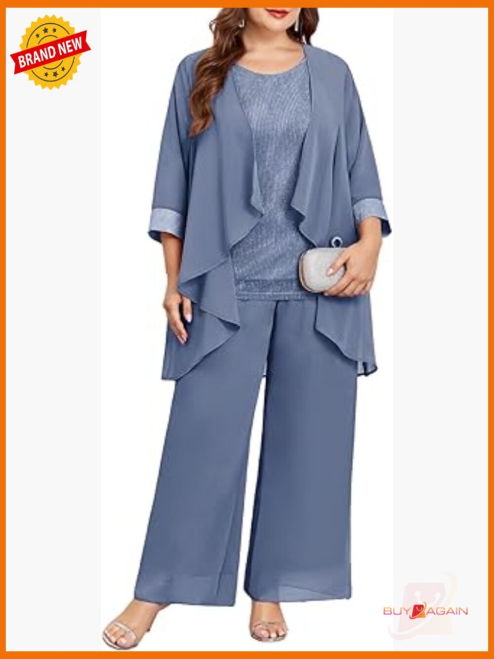 Plus Size 3 Piece Formal Pantsuit with Chiffon Jacket Sparkly Wedding Cocktail